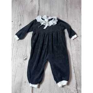 Honors Vintage 80s Velour Jumpsuit Baby 18M Black Eyelet Lace Cottagecore